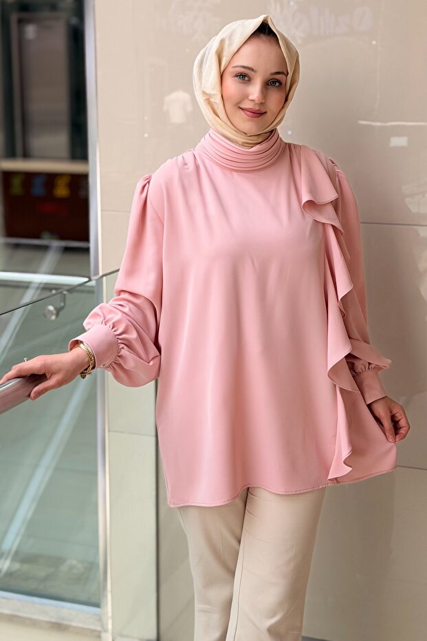 Pleated High Collar Side Ruffle Tunic