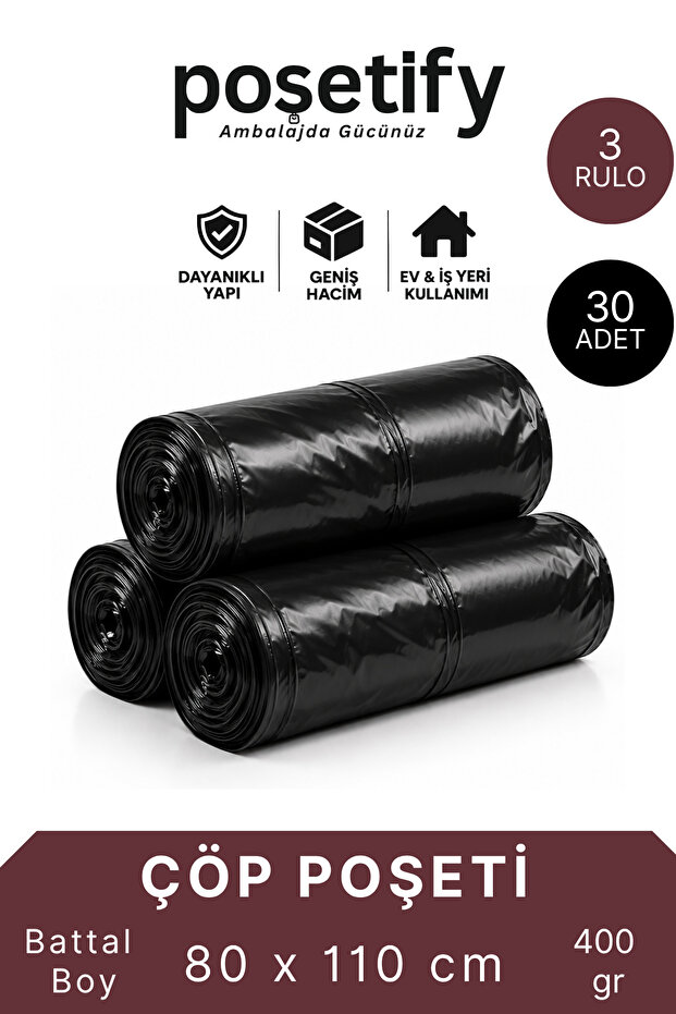 Black Thick Roll Garbage Bag 80X110 cm | 3 Rolls 30 Pieces | 400 Gr | Large Size Durable Garbage Bag