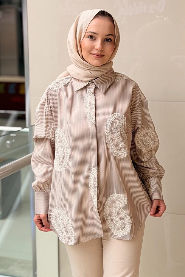 Shawl Pattern Embroidered Striped Cotton Shirt