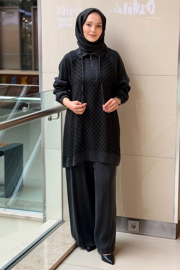 Fuat Gürşen Fabric Mix Square Patterned Half-Zip Tunic Trousers Set