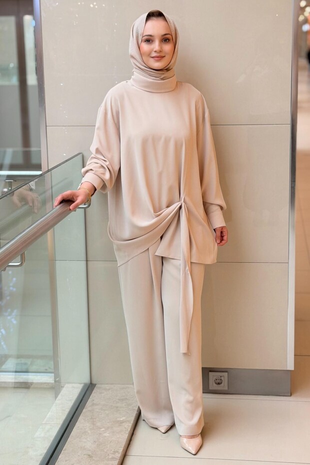 High Collar Asymmetrical Cut Tunic Trouser Set