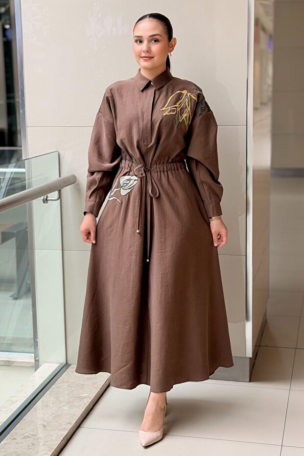 Shirt Collar Waist Belted Colorful Embroidered Dress