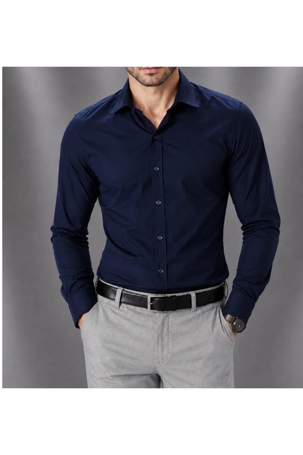 Slim Fit Flexible and Breathable Fabric Casual Classic Stylish Men's Navy Blue Shirt