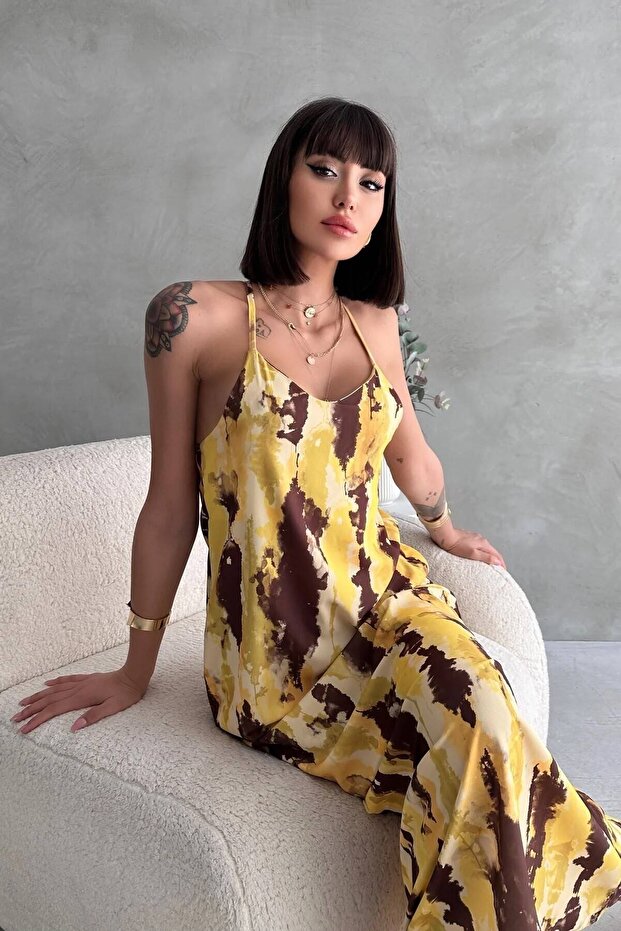 Backless Decollete Clothed Dress with Rope Straps De Patterned