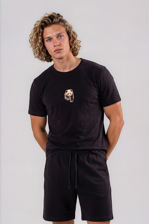 Panda Patterned Men's T-Shirt 100% Cotton Black Regular Fit Sports Basic T-Shirt - Minimal Animal Pattern Standard Cut Casual Black T-Shirt