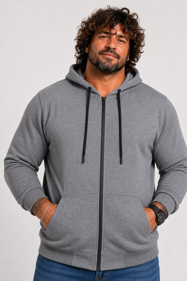 Plus Size Basic Seasonal Zippered Hooded Sweat 22751 GRAY MELANGE