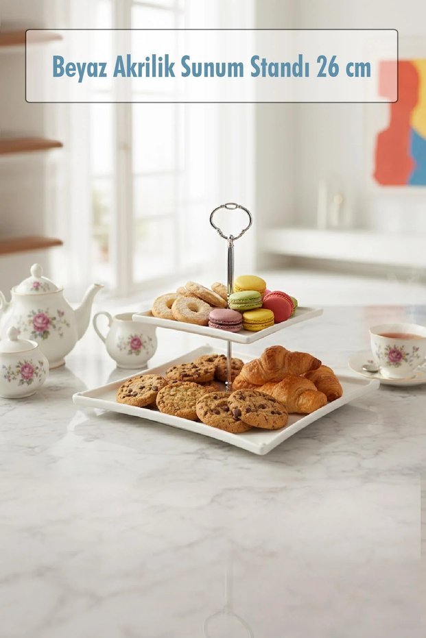 2-Tier White Acrylic Fruit Bowl & Kura Piped K & Presentation Stand - 26 cm