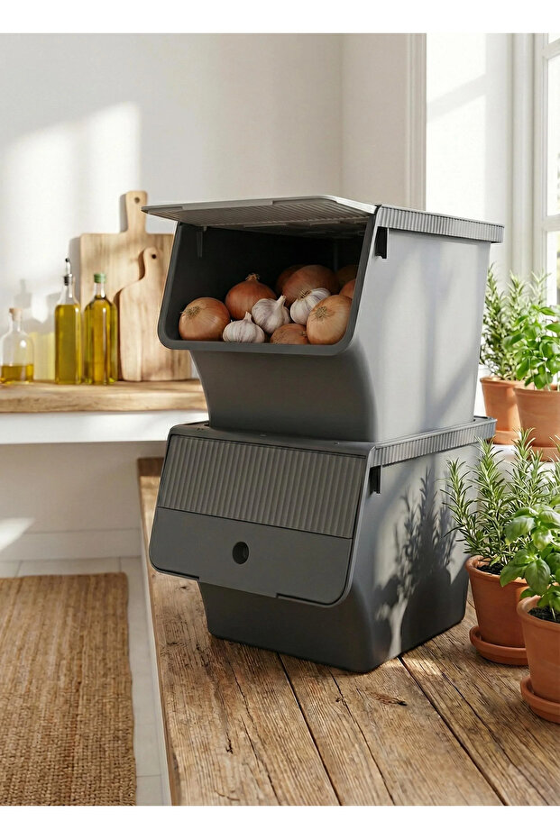 Smoked 2-Piece 33 Lt Modubox Sliding Lid Storage Container & Potato Onion Bucket & Food Box