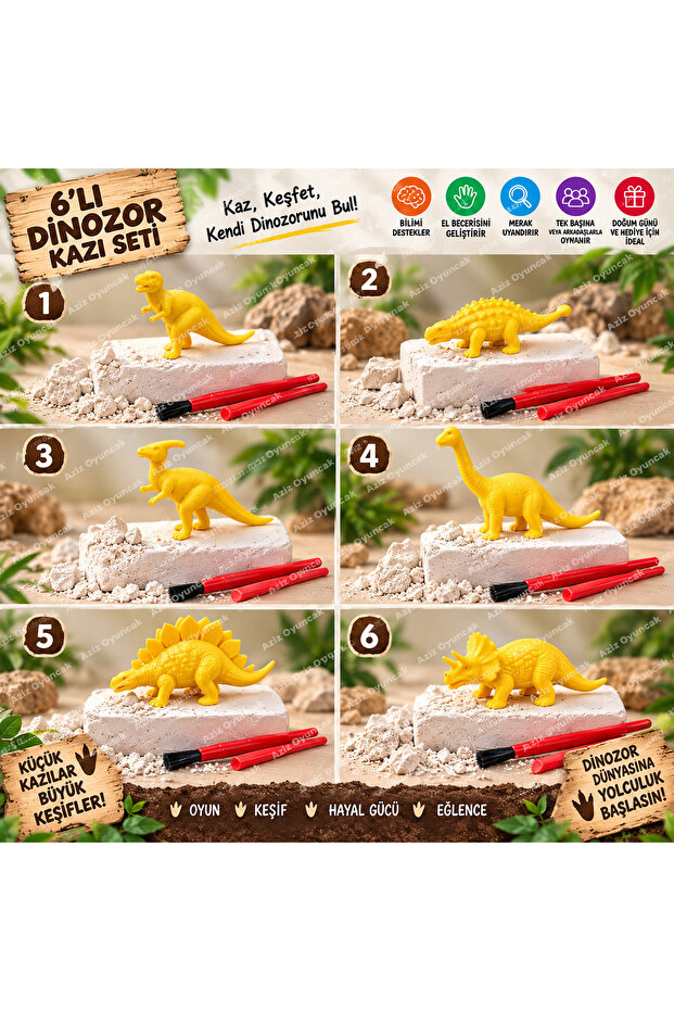 🌏 6-Piece Dinosaur Excavation Set | Archaeological Science Excavation Game | Educational Activity and Activity Set