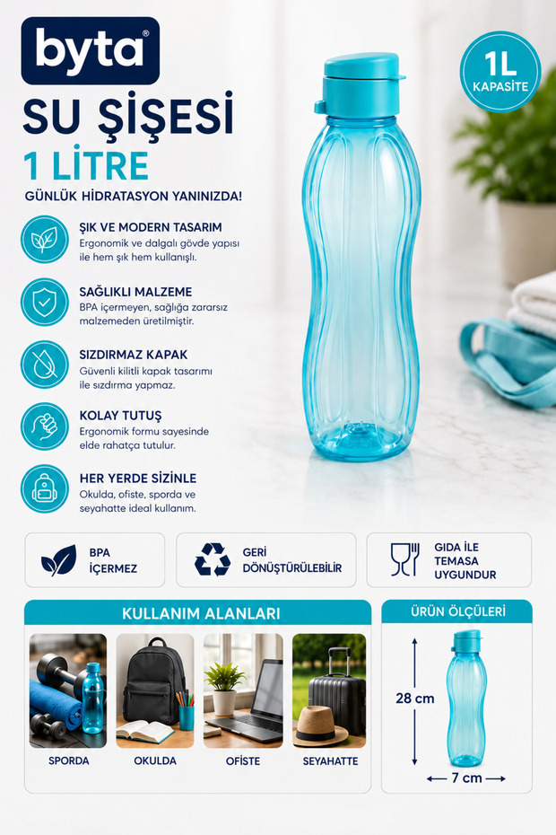 1 Liter Leak-Proof Water Bottle Flask Bpa-Free Ergonomic Design Sports School Office Travel Blue
