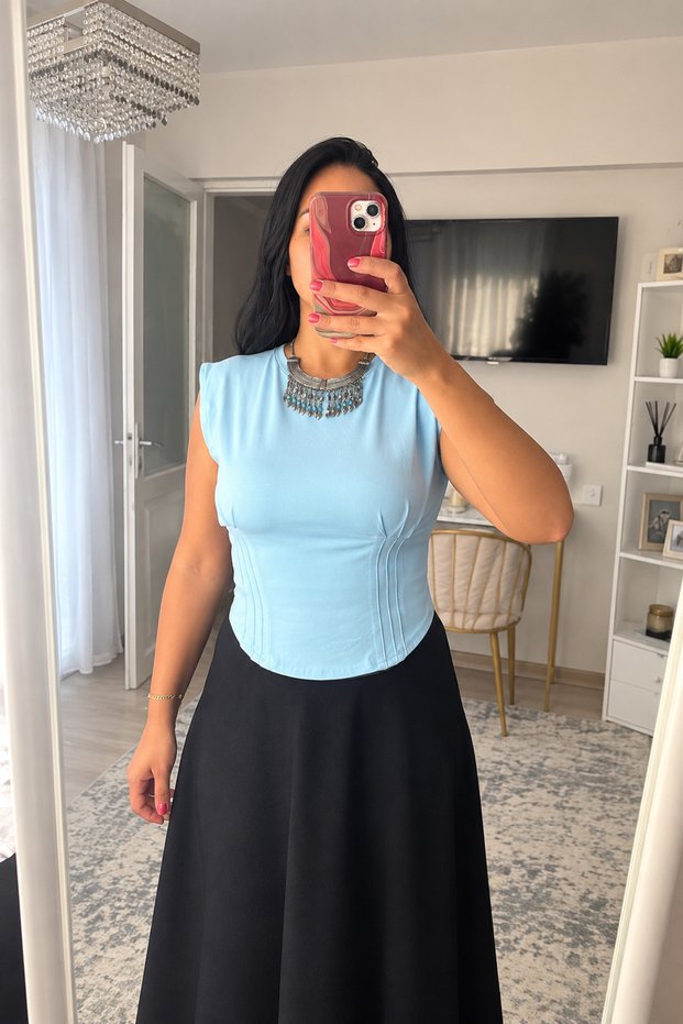 Blue Modal Fabric Short Sleeve Front Long Body