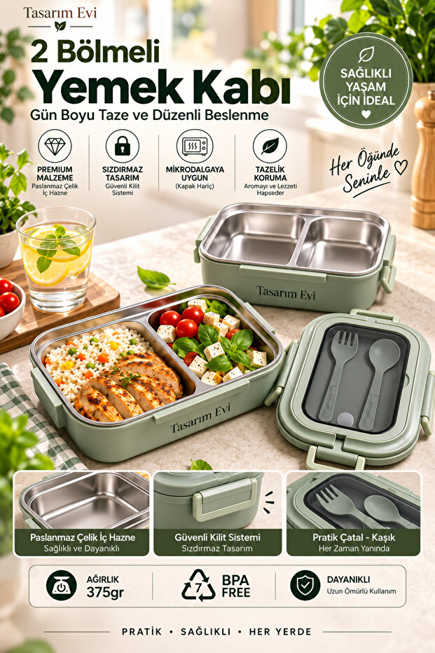 2-Compartment Stainless Steel Lunch Box – Portable Meal Container with Leak-Proof Lid