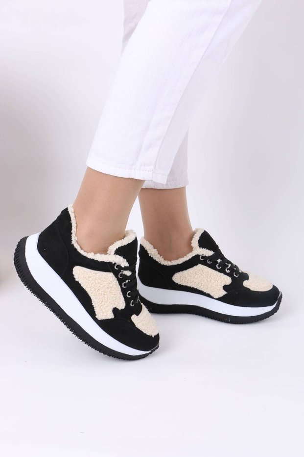 Lenard Black White Sole Suede Lace-Up Women's Sneakers
