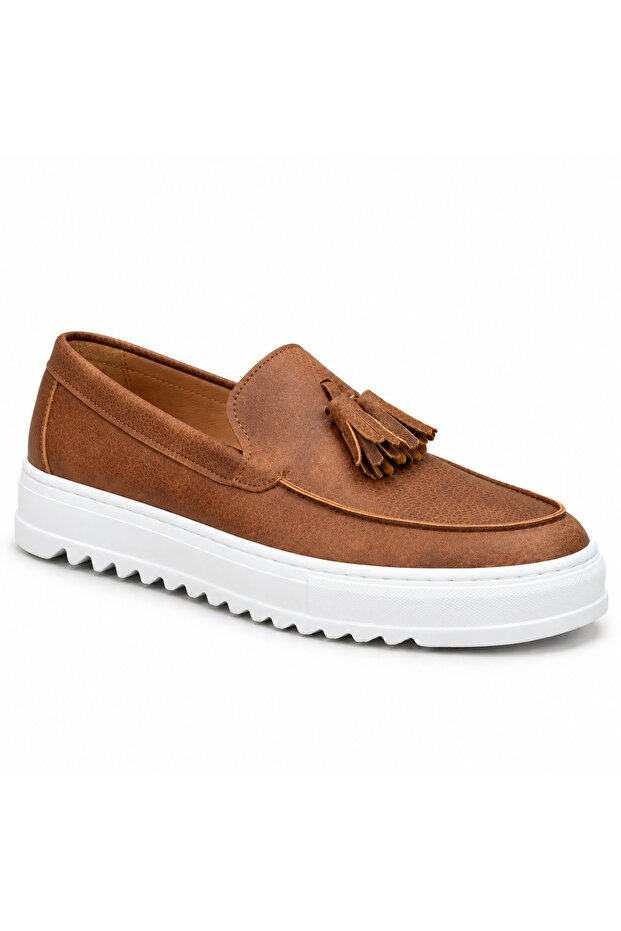 Ba0154 Tan Men's Shoes - Smooth Leather Upper with Tassels Slip-On High Sole Casual Loafer Sneaker
