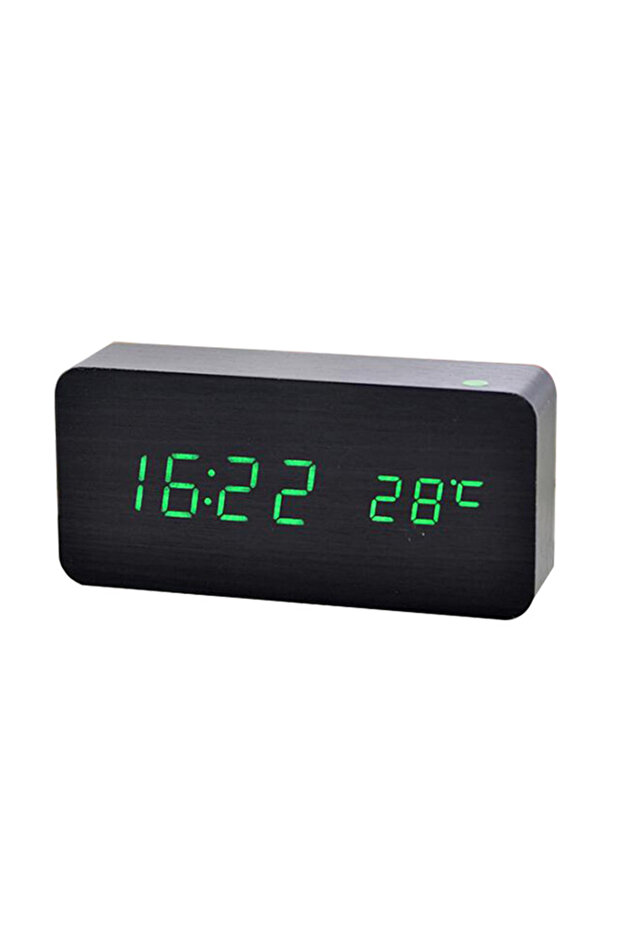 Black Green-LED Wooden Digital Alarm Clock, LED Alarm Clock with Temperature Desk Clocks for Office,