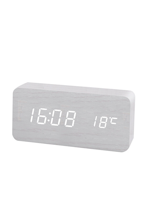 WHITE Wooden Digital Alarm Clock, LED Alarm Clock with Temperature Desk Clocks for Office,Bedside Cl