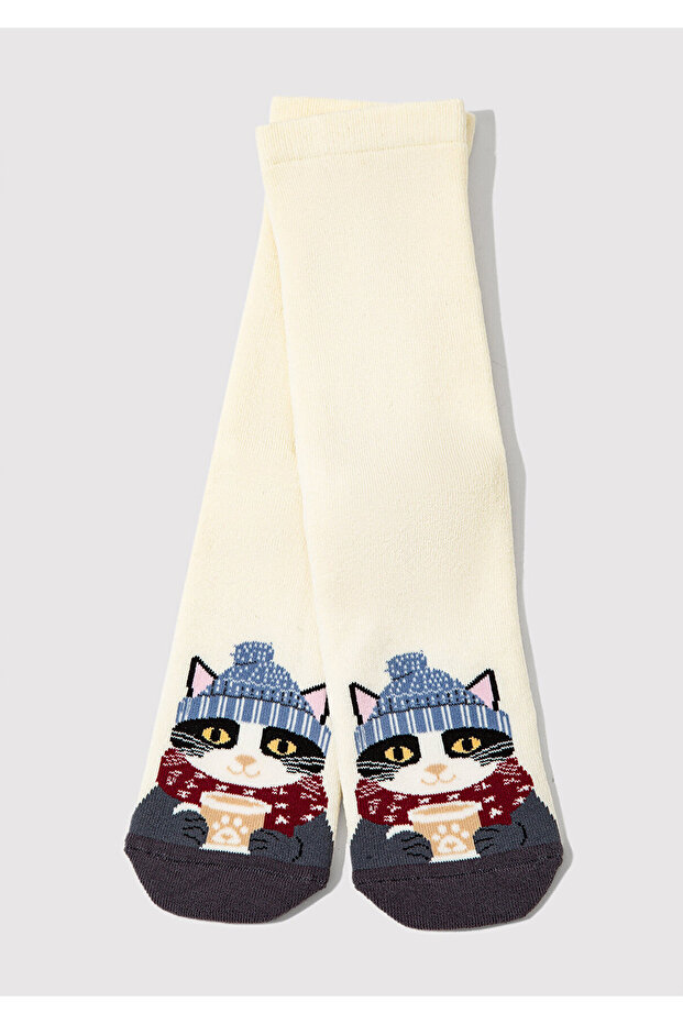 Cat Printed Ecru Socks 1913538-70053