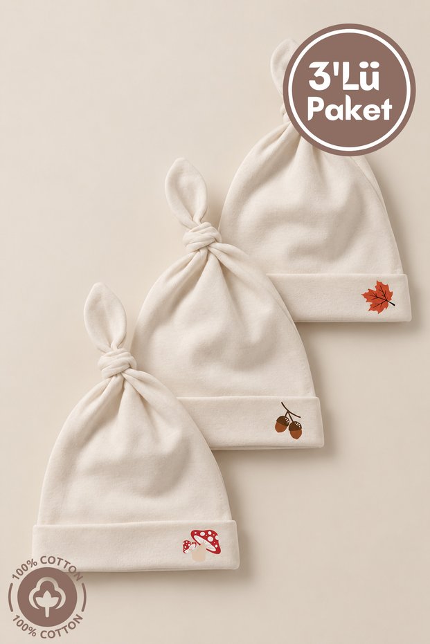 Unisex Baby Wood Printed Tie-Up Combed Organic Cotton Newborn 3-Piece Baby Beanie Set