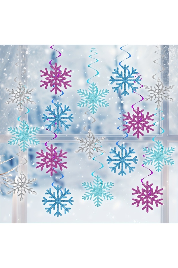 blue 32Pcs Winter Snowflake Hanging Swirls Decorations, Winter Hanging Ceiling Streamers Purple Blue