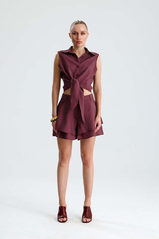 Vega Front Tie Crop Shirt Flounce Shorts Burgundy Set