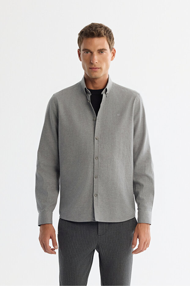 Men's Gray Buttoned Collar 100% Cotton Regular Fit Shirt B002033