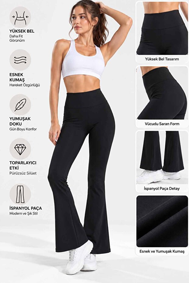Women's High Waist Diver Fabric Leggings Black Spanish Leg Sport Casual Flare Leggings