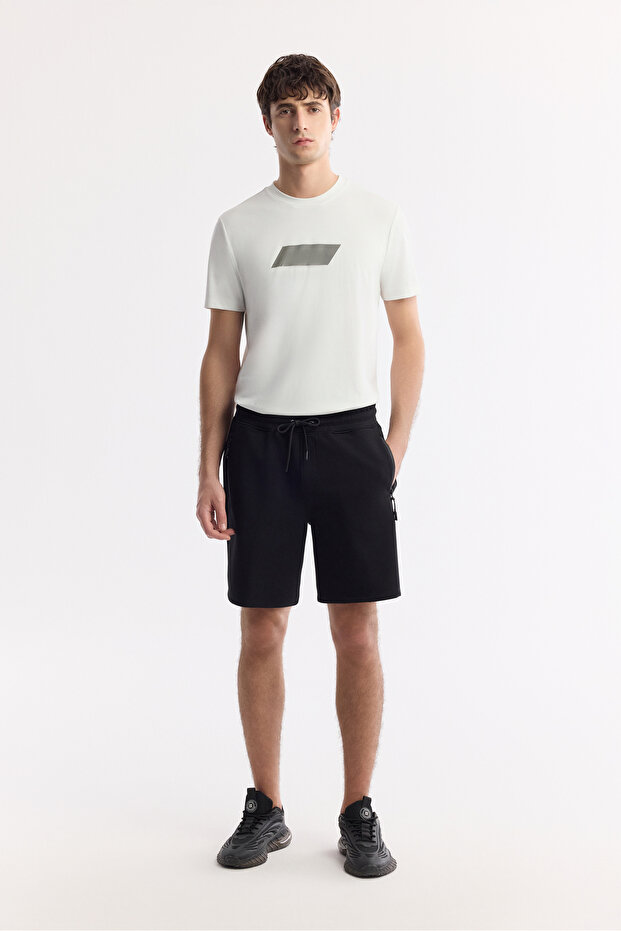 Men's Black Elastic Waist Lace-Up Bi-Stretch Interlock Regular Fit Shorts A51Y3631