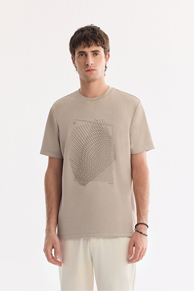 Men's Mink Crew Neck Printed Bi-Stretch Interlock Regular Fit T-Shirt A61Y1056