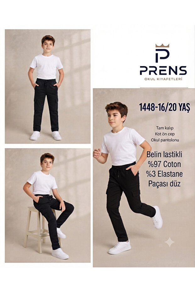 Boys' Black Denim Cargo Pants with Pockets, Elastic Waist, Straight Legs, School Pants