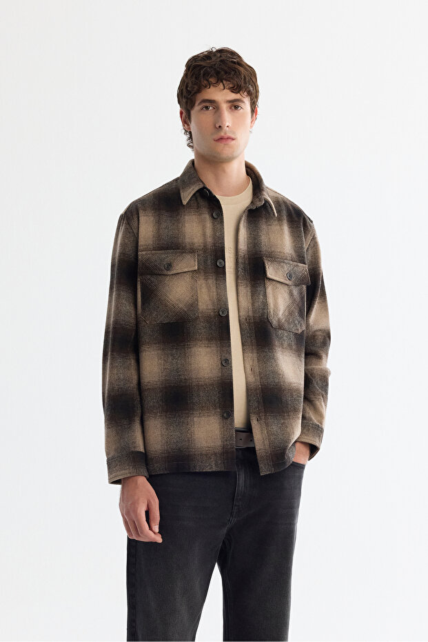 Men's Brown Classic Collar Plaid Wool Blend Comfort Fit Shirt Jacket A42Y2116