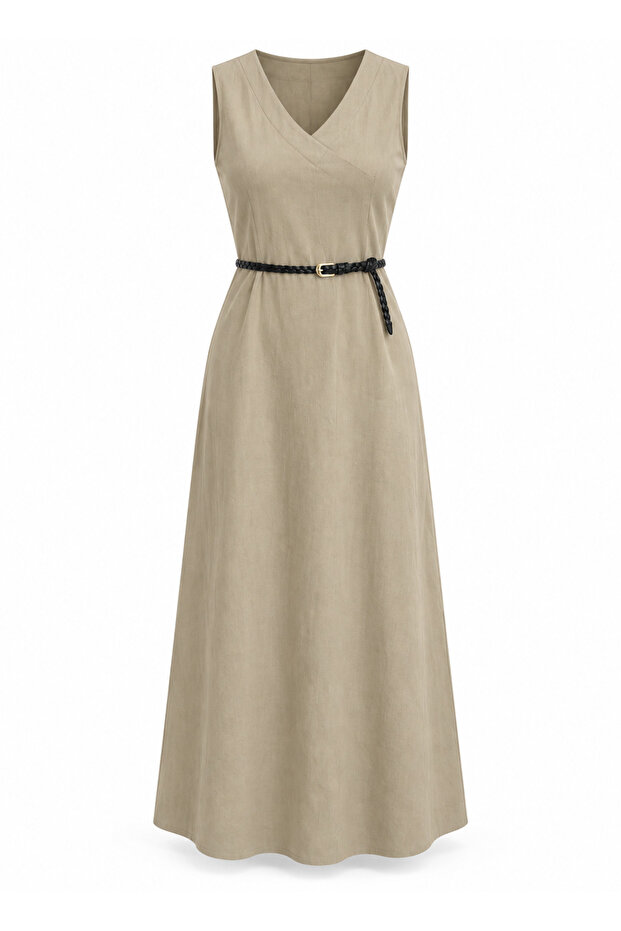 V-Neck Belted Linen Cotton Slit Dress