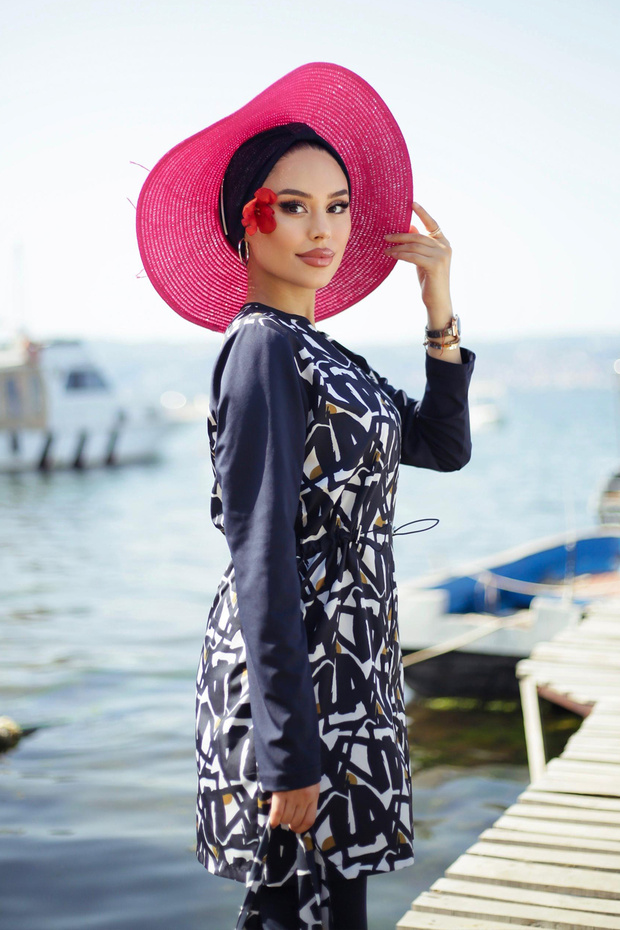 Women's Beige Full Covered Hijab Swimsuit Short 2-Piece Set K-050