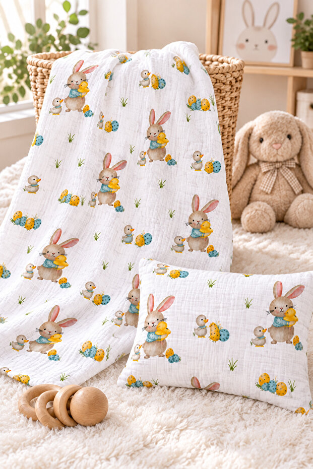 Baby 90X90 Muslin Cover +35X45 Pillowcase with Duck & Rabbit