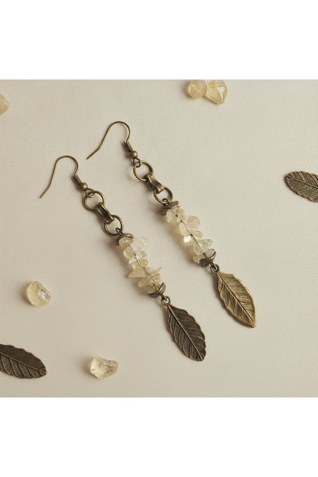 Vintage Style Earrings with Natural Stones and Feather Detail