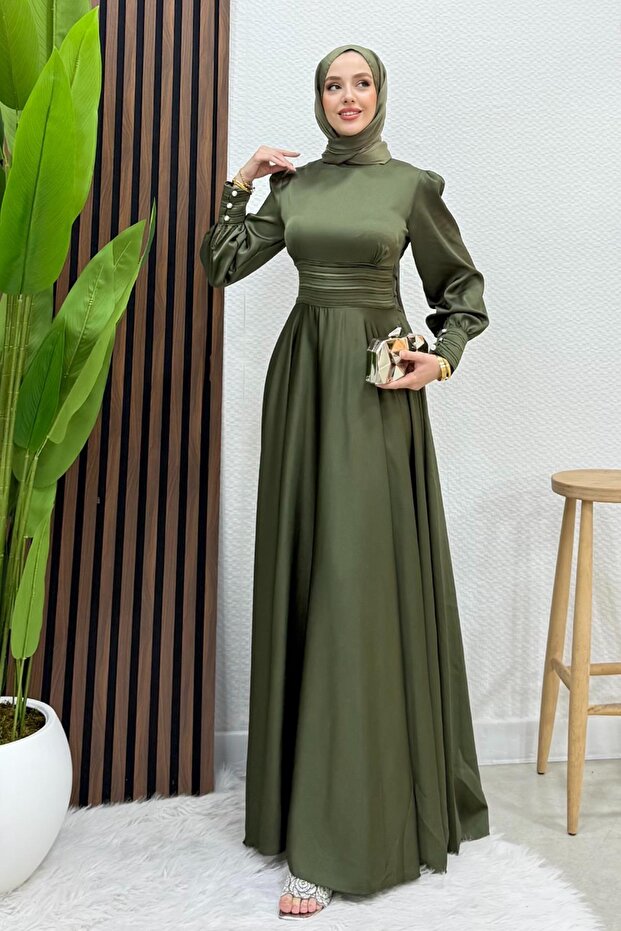 Buy Pleated Satin Evening Dress Khaki