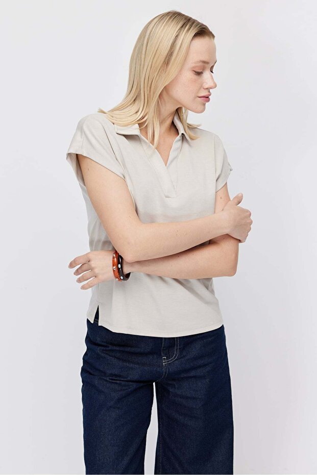 Women's Polo Neck V Cut Short Sleeve Blouse