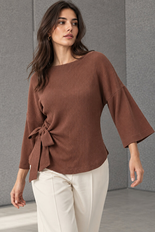 Women's Light Brown Crew Neck Soft-Textured Batwing Sleeve Tie-Detail Front Blouse ARM-26K001021