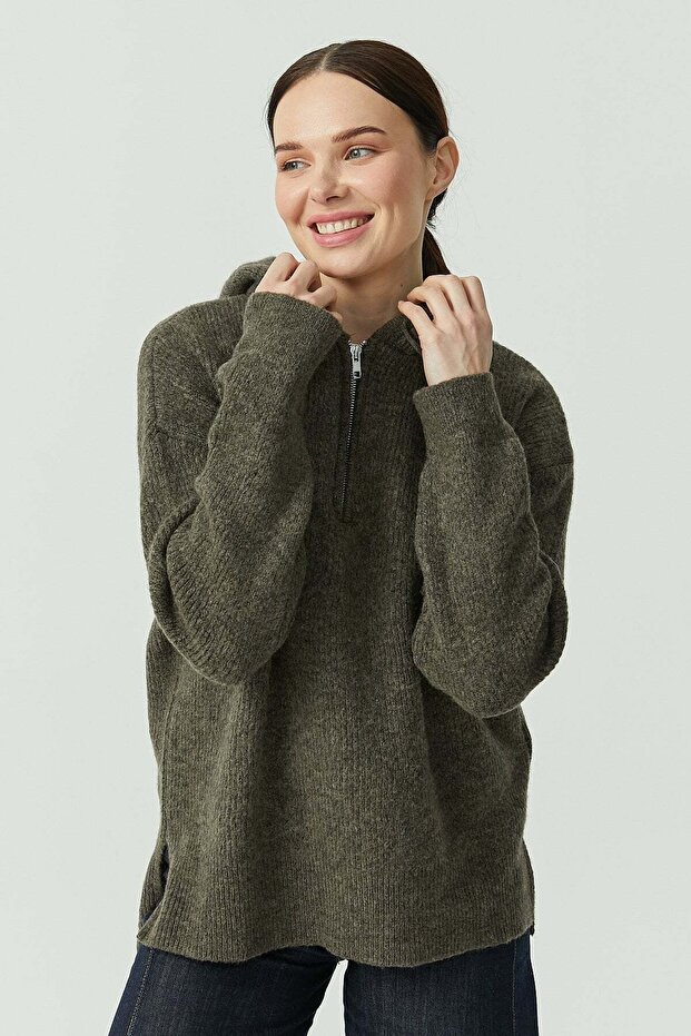 Women's Hooded Zippered Knitwear Sweater