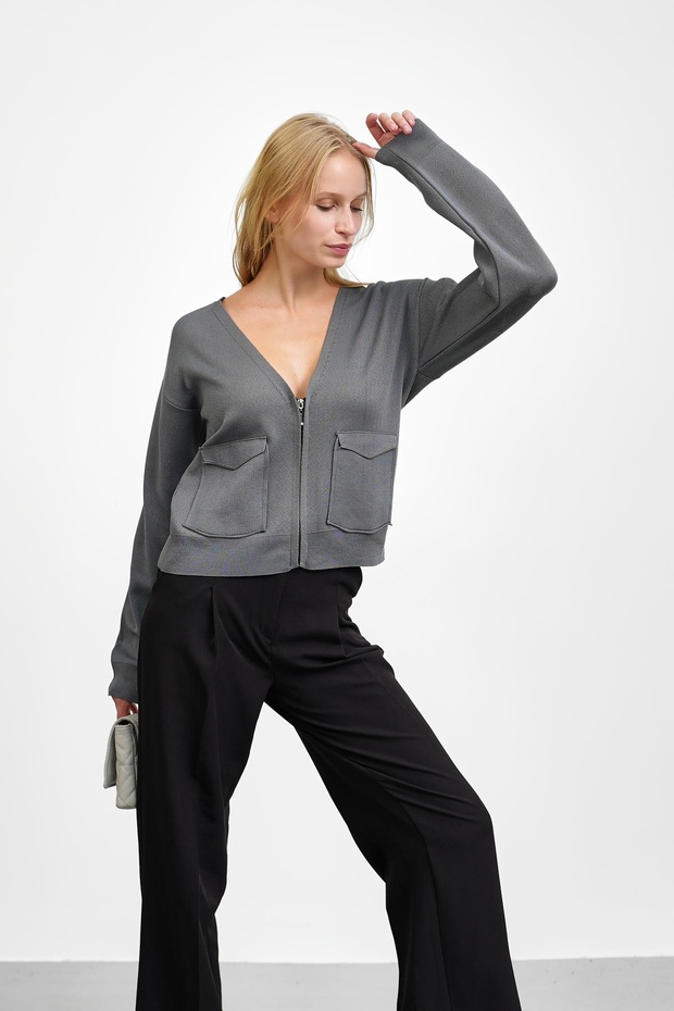 Smoked Double Pocket Zippered Knitwear Cardigan
