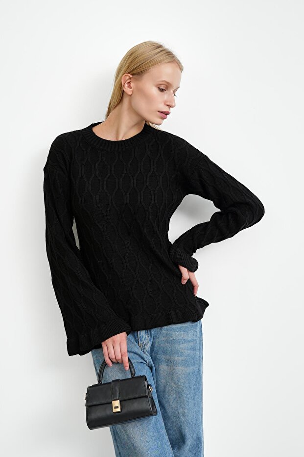 Black Waist and Sleeve Cuff Ruffled Knit Sweater