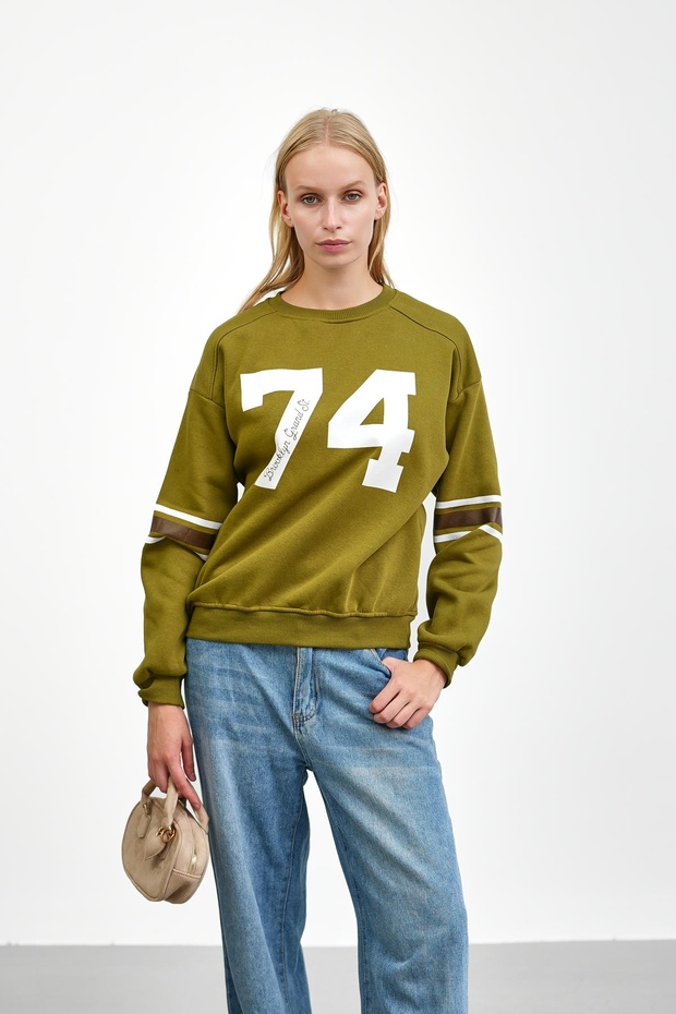 Oil Green Front and Arm Printed Three Thread Sweat