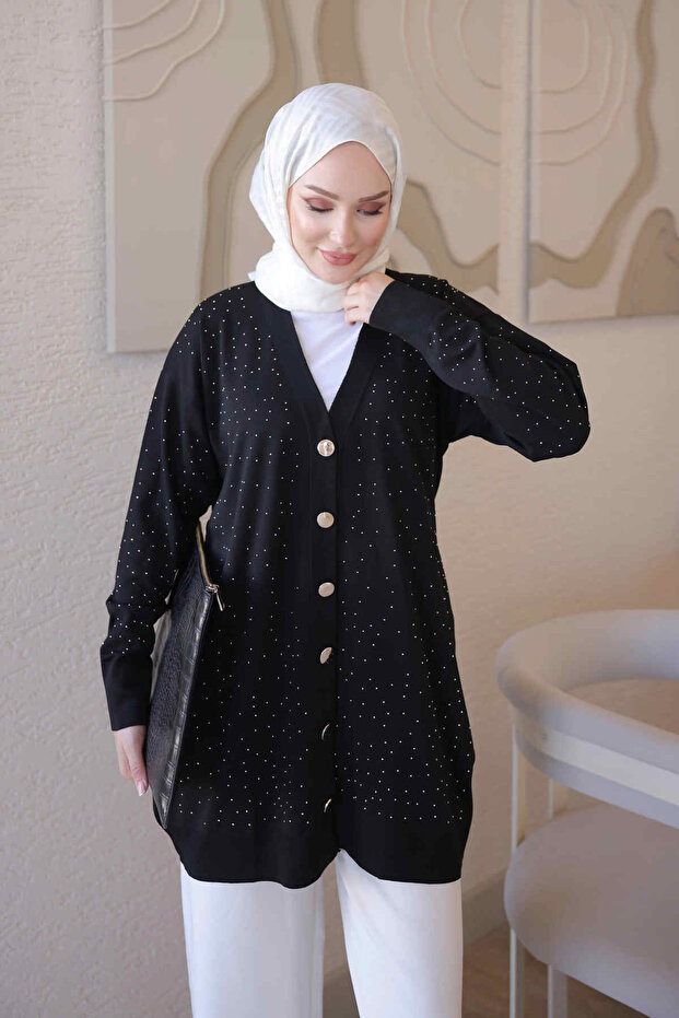 Black Cold Yarn Stone Knitwear Cardigan