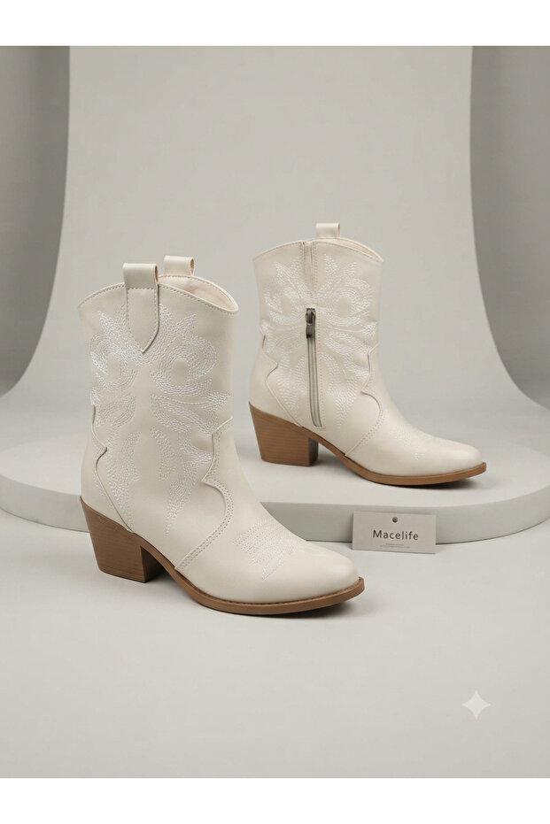 Beige Embroidered Women's Cowboy Boots