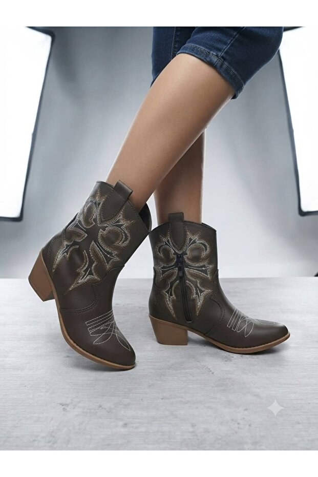 Coffee Embroidered Women's Cowboy Boots