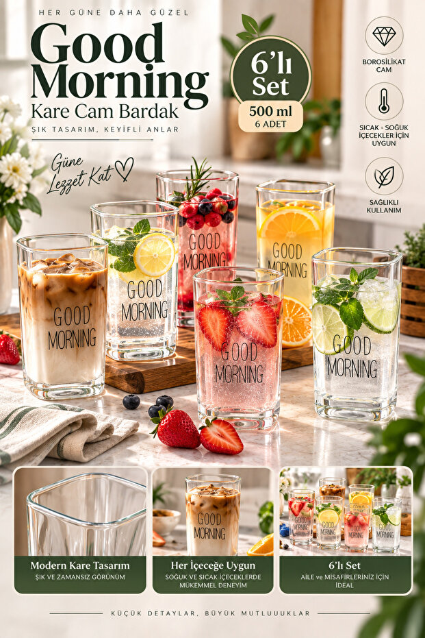 Set of 6 Good Morning Borosilicate Square Glass Cup 500 ml 6 Pieces