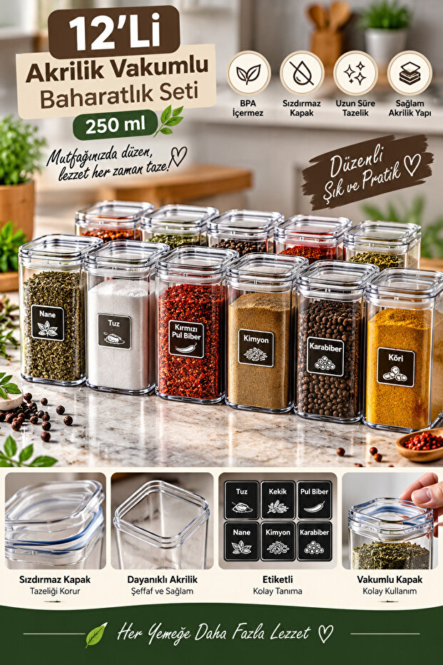 Set of 12 Acrylic Vacuum Square Spice Containers with Labels 250 ml - Spice Container Set with Leak-Proof Lids
