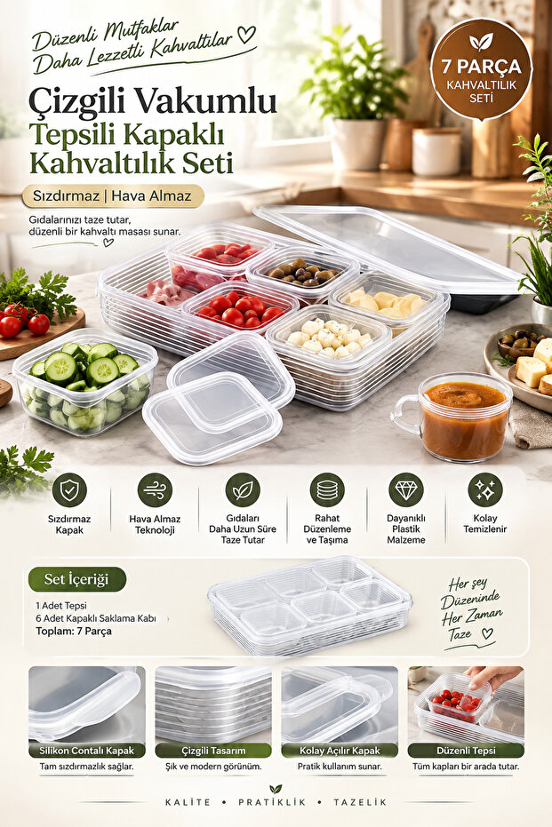 7-Piece Striped Vacuum Tray and Covered Breakfast Set - Leak-Proof and Non-Breathable