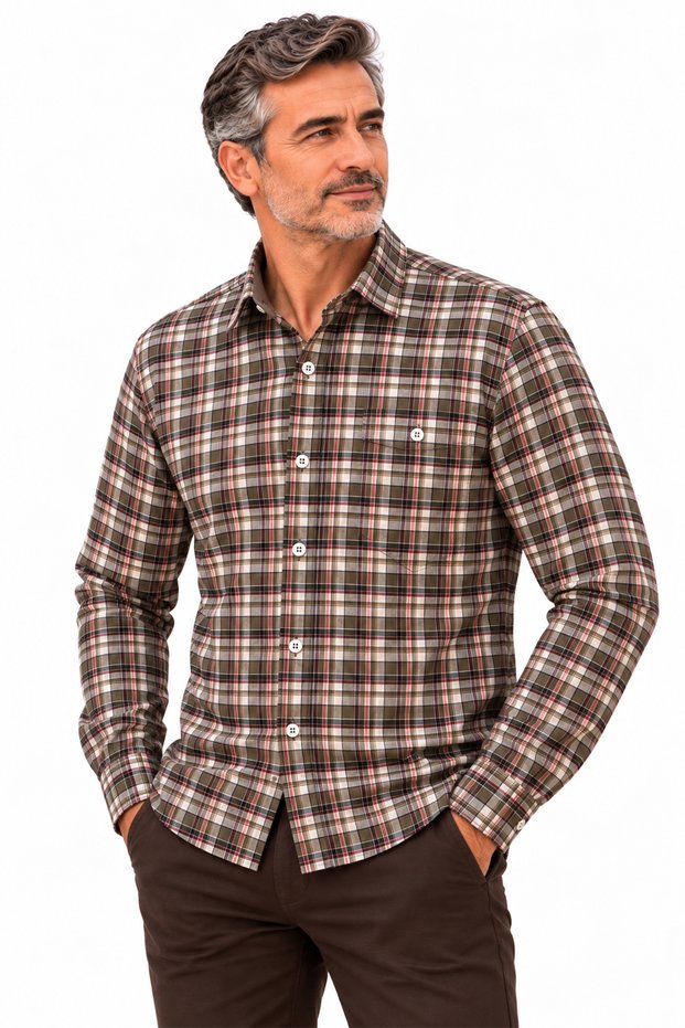 Men's Plaid Shirt Relaxed Fit 4 Seasons Single Pocket Buttoned Collar Cotton Shirt