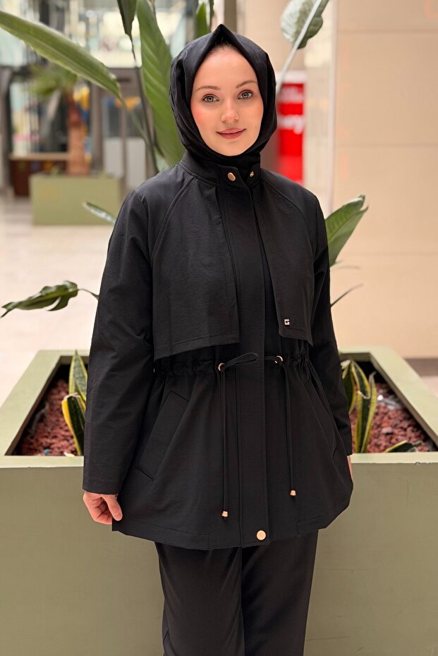 Front-Closed, Gathered Waist, Zippered Trench Coat