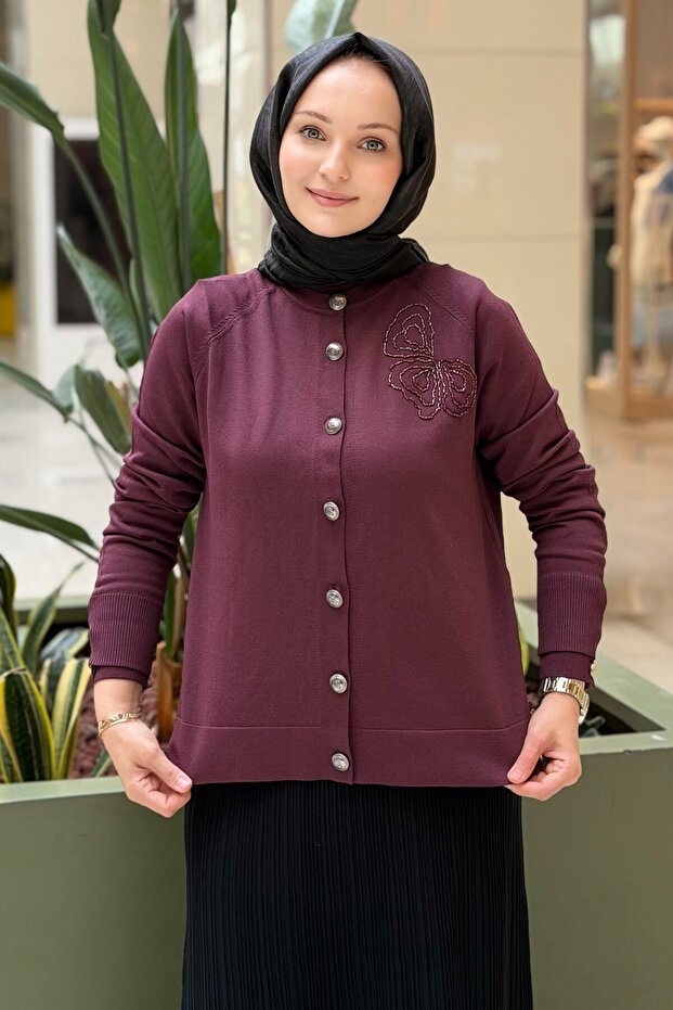 Floral Bead Embroidered Mercerized Cardigan